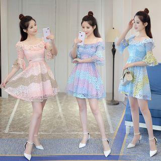 Short-sleeve Off Shoulder Lace A-line Dress