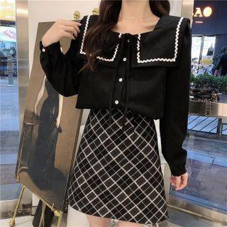 Long-sleeve Square-neck Tie-neck Plain Blouse