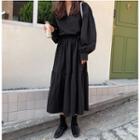 Collared Lantern-sleeve Midi A-line Dress Black - One Size
