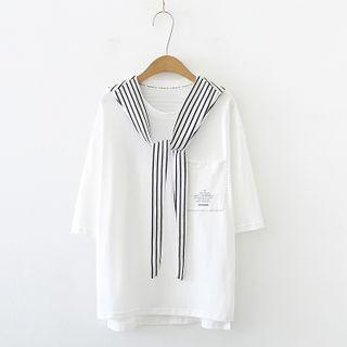 Short-sleeve Striped Shawl Panel T-shirt