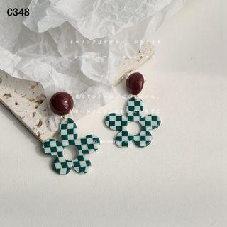 Flower Checker Acrylic Dangle Earring 1 Pair - C-348 - Green & White - One Size