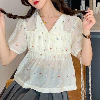 Puff-sleeve Floral Embroidered Blouse Cherry - White - One Size