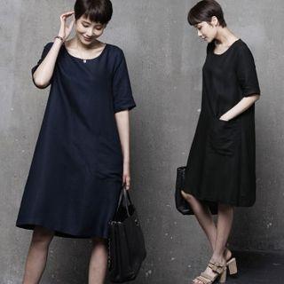 Pocket-detail Linen Blend A-line Dress Navy Blue - One Size