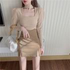 Long-sleeve Square-neck Top / High-waist Mini Fitted Skirt