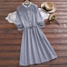 Long-sleeve Houndstooth Lace Trim A-line Dress