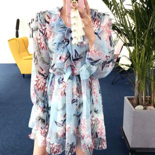 Frilled-trim Floral Print Minidress With Sash