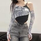 Long-sleeve Mock Two-piece Tie Dye Cropped T-shirt