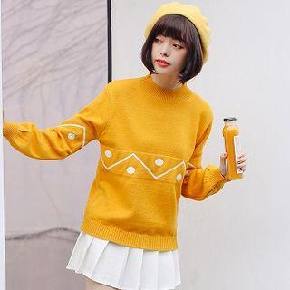 Mock-neck Lace-up Patterned Panel Sweater