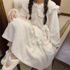 Long-sleeve Lace Trim Fleece Midi Sleep Dress