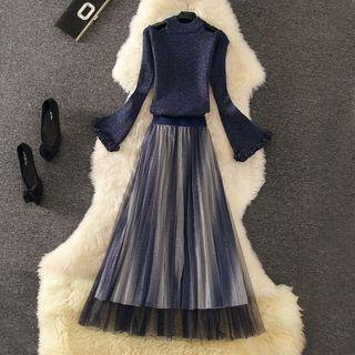 Set: Cold Shoulder Sweater + Sheer Overlay Midi Skirt