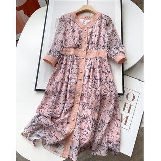 3/4-sleeve Print Button-up A-line Dress