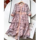 3/4-sleeve Print Button-up A-line Dress