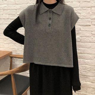 Long-sleeve Midi A-line Dress / Polo Neck Knit Vest