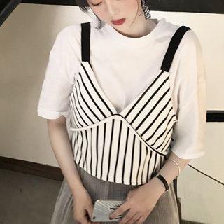 Plain Crewneck Short-sleeve T-shirt / Color-block Striped Strap Top