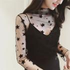 Long-sleeve Star Print Mesh Top Black - One Size