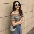 Short-sleeve Rainbow Stripe Knit Top Stripes - Light Blue & Orange - One Size