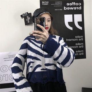 Zebra Ripped Crewneck Sweater