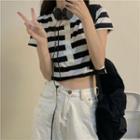 Short-sleeve Striped Cropped Polo Shirt Stripe - Black & White - One Size