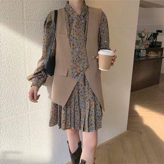 Asymmetric Vest / Long-sleeve Floral Dress