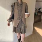 Asymmetric Vest / Long-sleeve Floral Dress