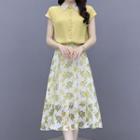 Set: Short-sleeve Faux Pearl Shirt + Floral Midi A-line Skirt