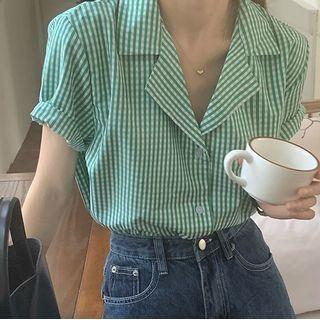 Short-sleeve Gingham Check Shirt Green & White - One Size