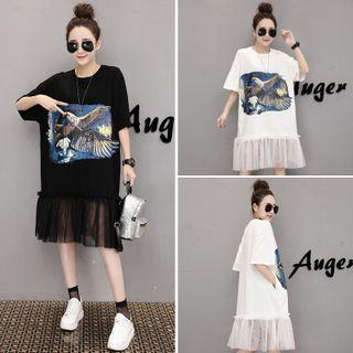 Mesh Hem Eagle Print Elbow Sleeve T-shirt Dress