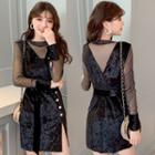 Set: Long-sleeve Mesh Top + Mini Velvet Pinafore Dress