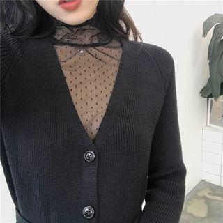 See-through Dot Top / Plain Slim-fit Long Cardigan