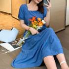 Puff-sleeve Square-neck Plain Back Back Tie-strap Dress