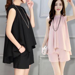 Set : Plain Ruffle Sleeveless Top + Shorts