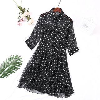 Set: Elbow-sleeve Printed Mini Chiffon Dress + Spaghetti Strap Dress