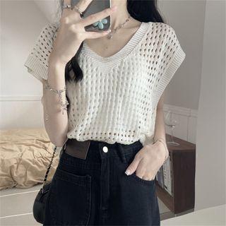 Sleeveless V-neck Pointelle-knit Tank Top