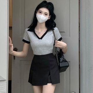 Short-sleeve Collar T-shirt / Mini A-line Skort