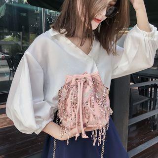 Faux Leather Sequined Tassels Bucket Bag
