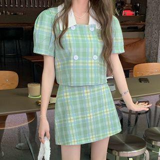 Puff-sleeve Plaid Cropped Blouse / Mini A-line Skirt