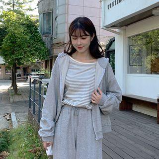 Kangaroo-pocket Zip-up Hoodie Gray - One Size