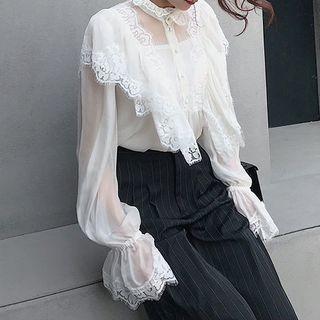 Mock Neck Lace-trim Blouse