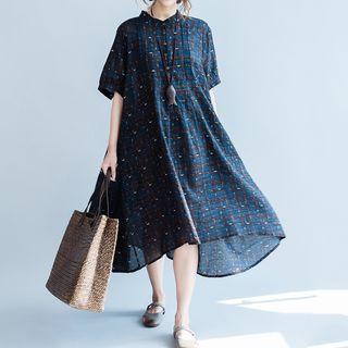 Elbow-sleeve Midi A-line Dress Blue - One Size