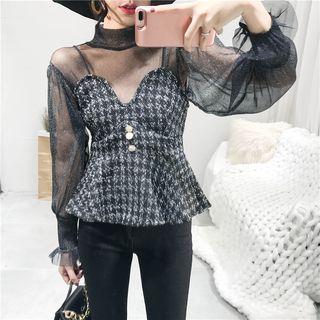 Set: Long-sleeve Mock-neck Mesh Top + Spaghetti Strap Houndstooth Peplum Top