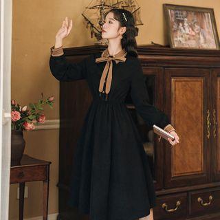 Long-sleeve Collared Tie-neck Midi A-line Dress