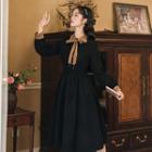 Long-sleeve Collared Tie-neck Midi A-line Dress