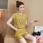 Set Of 3: Crochet Lace Sleeveless Top + Shorts + Bandeau