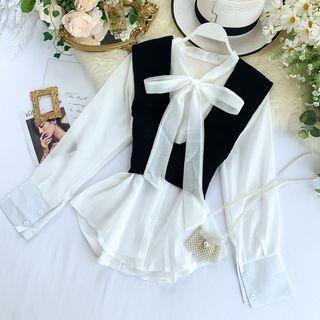 Set: V-neck Vest + Long-sleeve Top