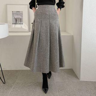 Herringbone Woolen Flared Long Skirt