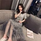 Lettering Short-sleeve Midi Mesh Dress