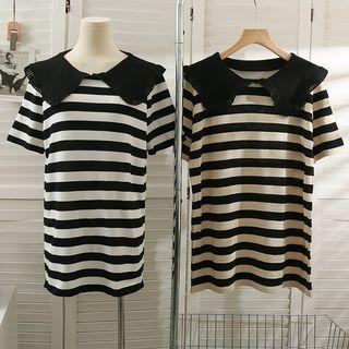 Collar-details Striped Mini Polo Dress