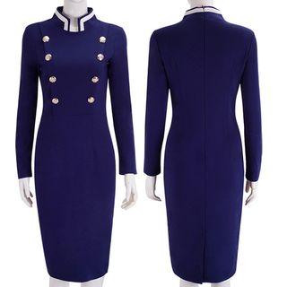 Buttoned Long-sleeve Pencil Dress
