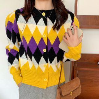 Color Block Argyle Puff-sleeve Cardigan