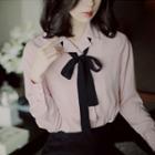 Stand-collar Bow Long-sleeved Chiffon Plain Blouse